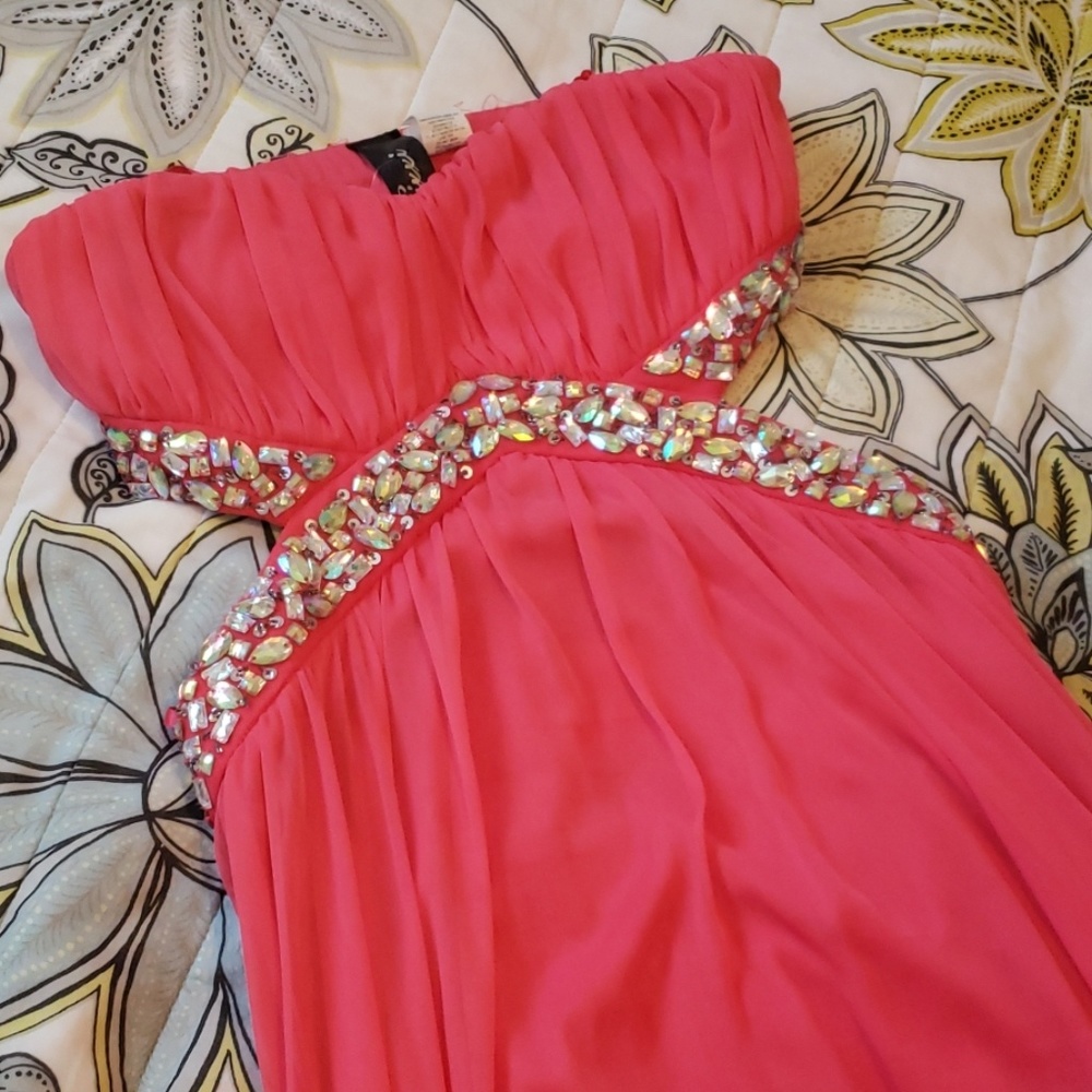 Sexy Coral cut out rhystone accent dress